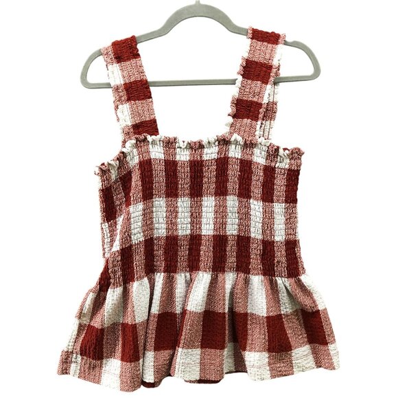 Loft Smocked Cami Womens XL Peplum Rust Brown Plaid Stretch - Picture 2 of 8